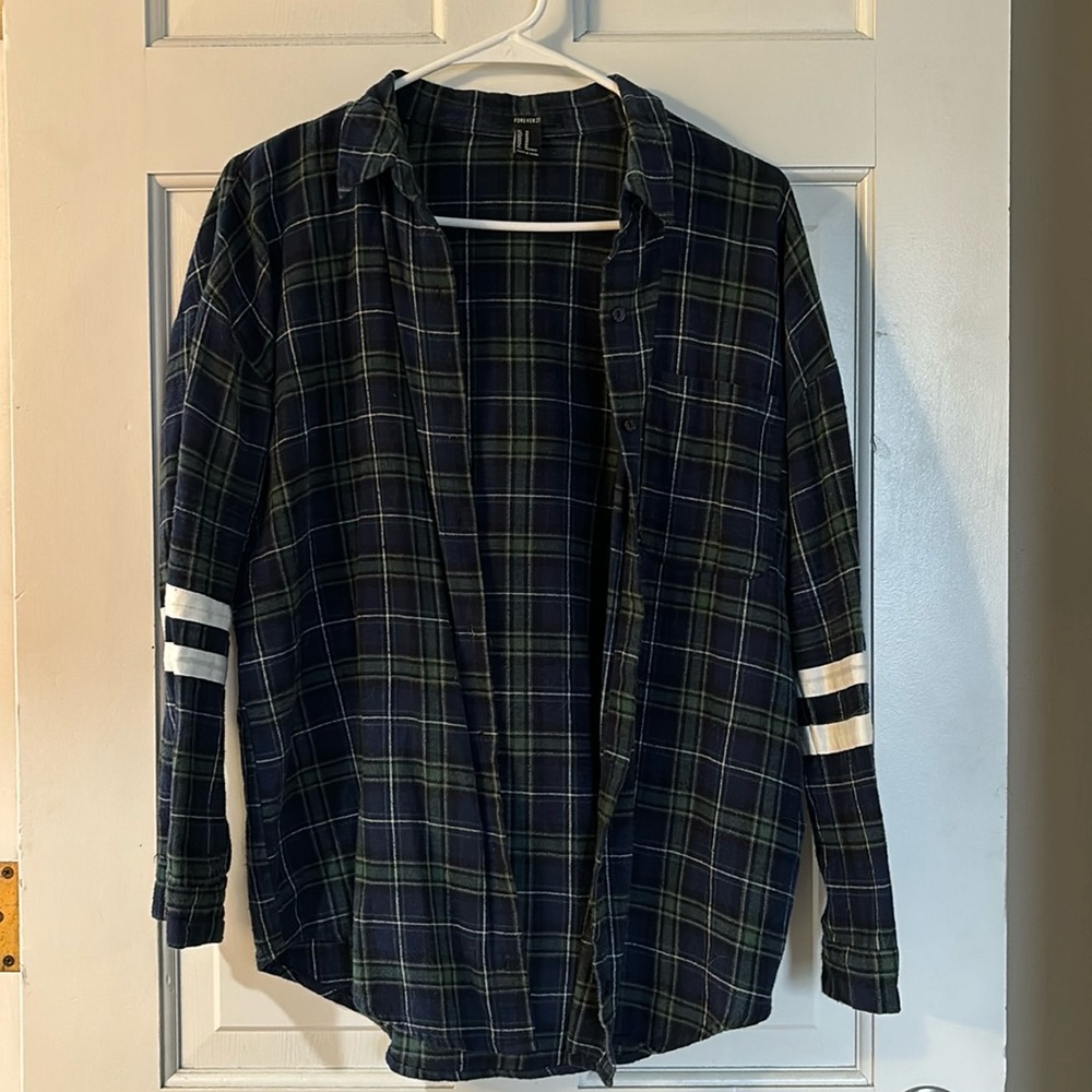 Forever 21 flannel button up with white stripe sleeve detail